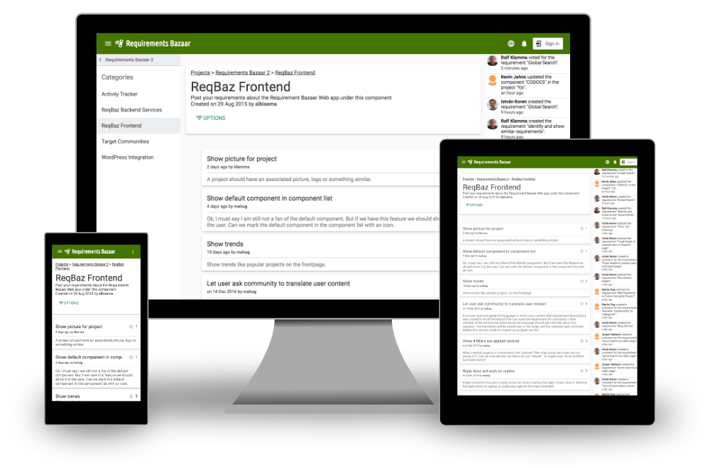Screenshots of Requirements Bazaar on mobile, desktop and tablet devices